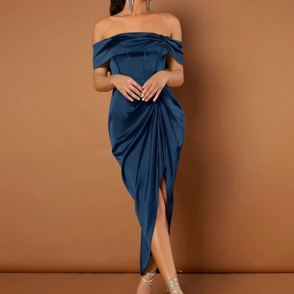 Blue Preppy Womens Off Shoulder Ruched Draped Asymmetrical Hem Dress - Picture 4 of 5